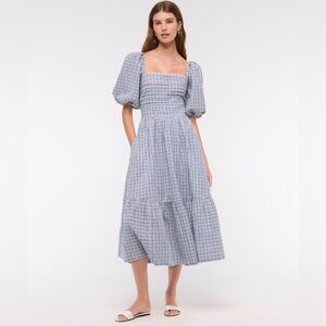 Abercrombie & Fitch Emerson Blue Plaid Puff Sleeve Midi Dress Size L